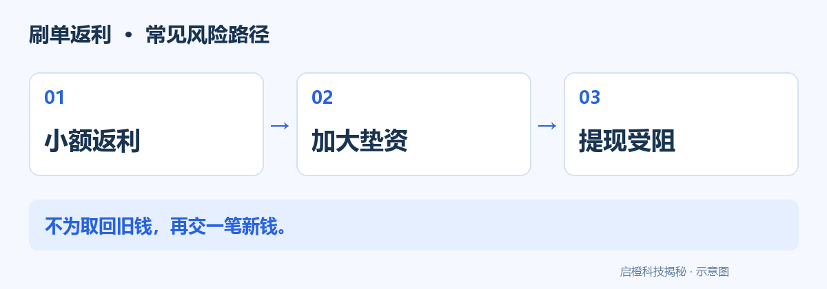 小额返利到账，不代表兼职可靠：刷单骗局怎样让人越陷越深：风险流程示意图
